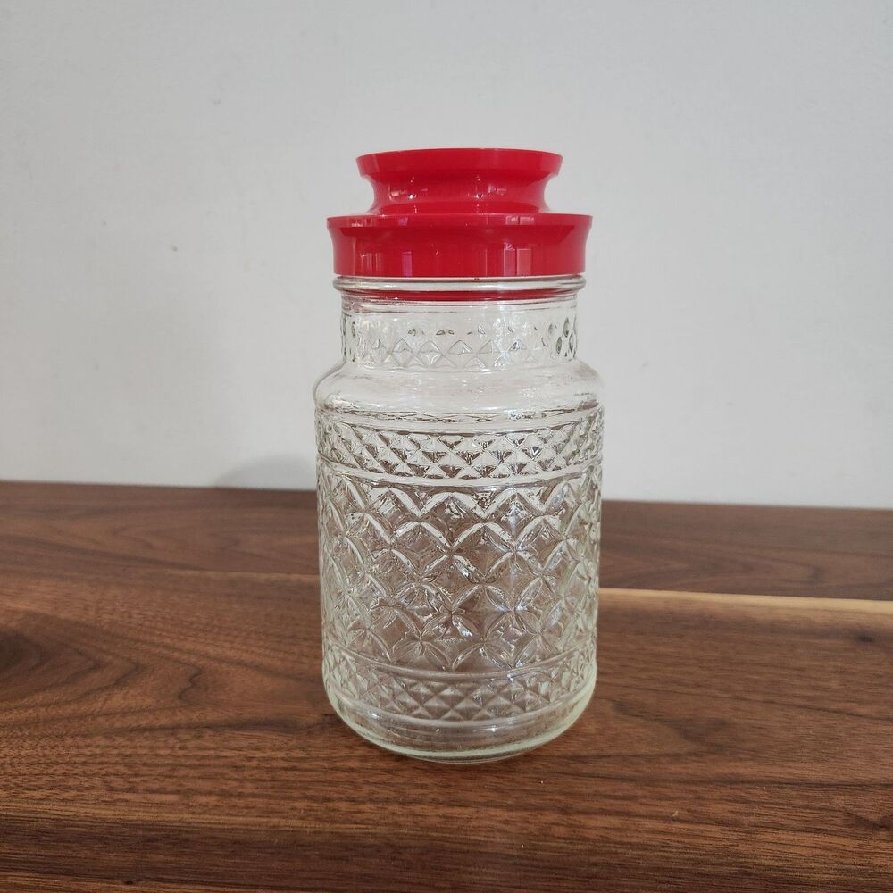 Anchor Hocking Vintage Glass Canister Jar Wexford Quilt Pattern Red Plastic Lid